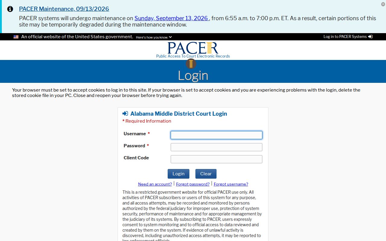 Federal court login separate from the Chilton County Most Wanted list