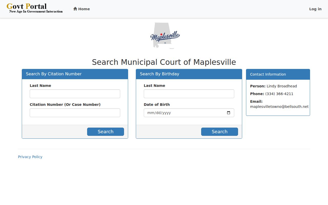 Maplesville court interface used in a Chilton County warrant records check